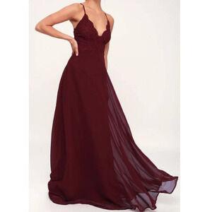 LULU'S SZ S Madalyn Burgundy Lace Maxi Bridesmaid formal party Dress NEW B52